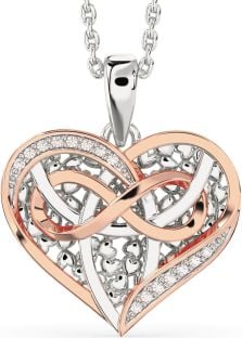 Diamond Rose Gold Silver Celtic Trinity Knot Heart Infinity Necklace