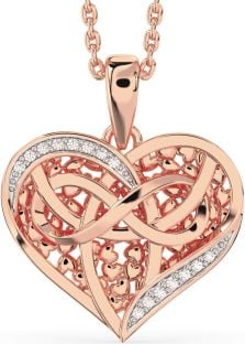 Diamond Rose Gold Silver Celtic Trinity Knot Heart Infinity Necklace