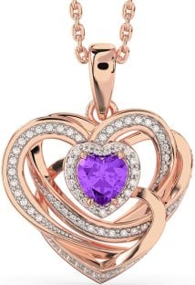 Diamond Amethyst Rose Gold Silver Celtic Heart Necklace