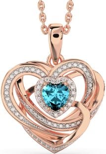 Diamond Aquamarine Rose Gold Silver Celtic Heart Necklace