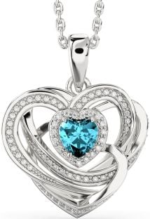 Diamond Aquamarine Silver Celtic Heart Necklace