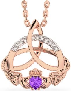 Diamond Amethyst Rose Gold Silver Claddagh Celtic Trinity Knot Necklace