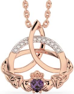 Diamond Alexandrite Rose Gold Silver Claddagh Celtic Trinity Knot Necklace