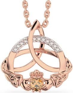 Diamond Citrine Rose Gold Silver Claddagh Celtic Trinity Knot Necklace