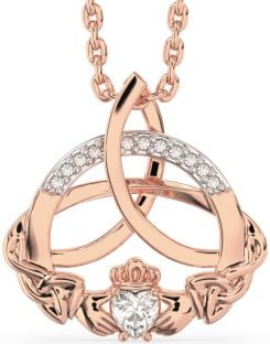 Diamond Rose Gold Silver Claddagh Celtic Trinity Knot Necklace