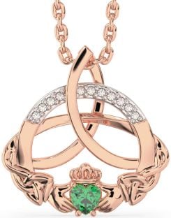 Diamond Emerald Rose Gold Silver Claddagh Celtic Trinity Knot Necklace