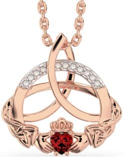 Diamond Garnet Rose Gold Silver Claddagh Celtic Trinity Knot Necklace