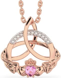 Diamond Pink Tourmaline Rose Gold Silver Claddagh Celtic Trinity Knot Necklace