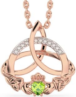 Diamond Peridot Rose Gold Silver Claddagh Celtic Trinity Knot Necklace