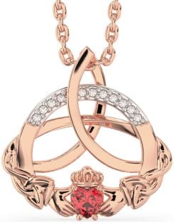 Diamond Ruby Rose Gold Silver Claddagh Celtic Trinity Knot Necklace