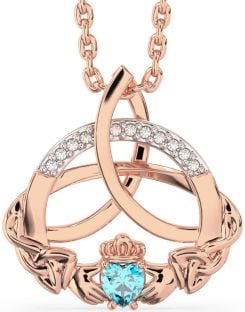 Diamond Topaz Rose Gold Silver Claddagh Celtic Trinity Knot Necklace