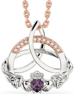 Diamond Alexandrite Rose Gold Silver Claddagh Celtic Trinity Knot Necklace