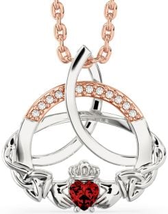 Diamond Garnet Rose Gold Silver Claddagh Celtic Trinity Knot Necklace