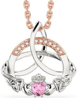 Diamond Pink Tourmaline Rose Gold Silver Claddagh Celtic Trinity Knot Necklace