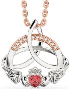 Diamond Ruby Rose Gold Silver Claddagh Celtic Trinity Knot Necklace