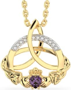 Diamond Alexandrite Gold Silver Claddagh Celtic Trinity Knot Necklace