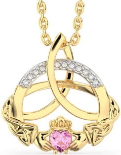 Diamond Pink Tourmaline Gold Silver Claddagh Celtic Trinity Knot Necklace