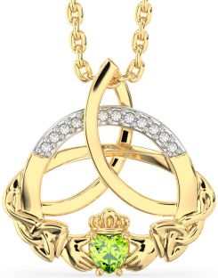 Diamond Peridot Gold Silver Claddagh Celtic Trinity Knot Necklace