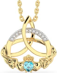 Diamond Topaz Gold Silver Claddagh Celtic Trinity Knot Necklace