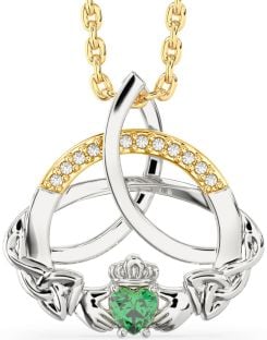 Diamond Emerald Gold Silver Claddagh Celtic Trinity Knot Necklace