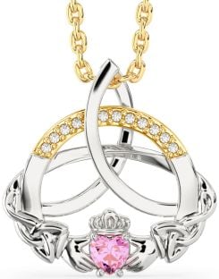 Diamond Pink Tourmaline Gold Silver Claddagh Celtic Trinity Knot Necklace