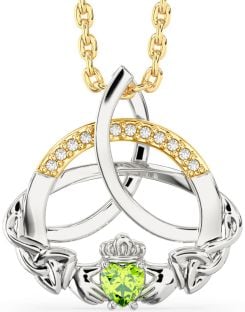 Diamond Peridot Gold Silver Claddagh Celtic Trinity Knot Necklace