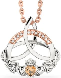 Diamond Citrine White Rose Gold Claddagh Celtic Trinity Knot Necklace