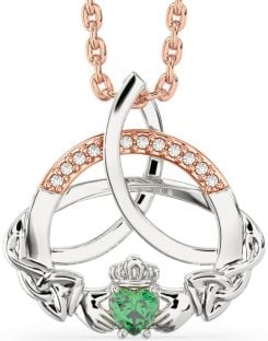 Diamond Emerald White Rose Gold Claddagh Celtic Trinity Knot Necklace