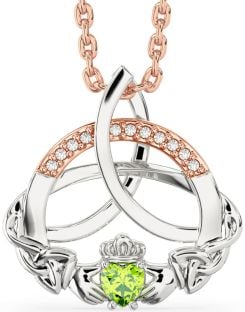 Diamond Peridot White Rose Gold Claddagh Celtic Trinity Knot Necklace