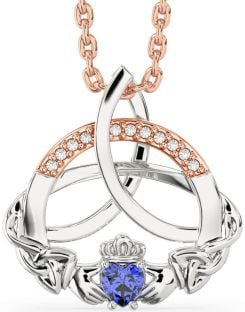 Diamond Sapphire White Rose Gold Claddagh Celtic Trinity Knot Necklace