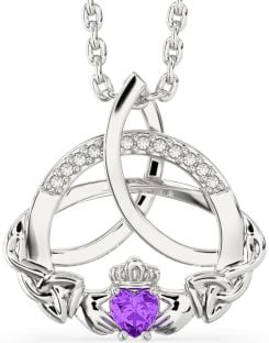 Diamond Amethyst Silver Claddagh Celtic Trinity Knot Necklace