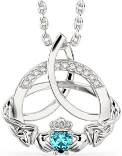 Diamond Aquamarine Silver Claddagh Celtic Trinity Knot Necklace