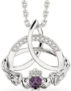 Diamond Alexandrite Silver Claddagh Celtic Trinity Knot Necklace