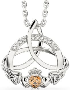 Diamond Citrine Silver Claddagh Celtic Trinity Knot Necklace