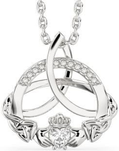 Diamond Silver Claddagh Celtic Trinity Knot Necklace