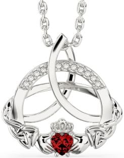 Diamond Garnet Silver Claddagh Celtic Trinity Knot Necklace