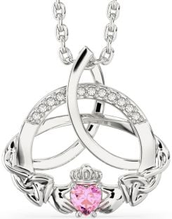 Diamond Pink Tourmaline Silver Claddagh Celtic Trinity Knot Necklace