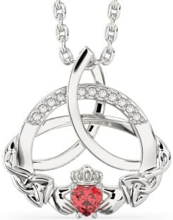 Diamond Ruby Silver Claddagh Celtic Trinity Knot Necklace