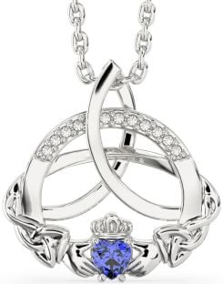 Diamant Saphir Argent Claddagh celtique Trinité Noeud Collier