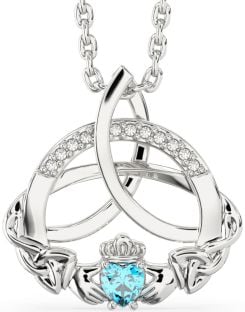 Diamond Topaz Silver Claddagh Celtic Trinity Knot Necklace