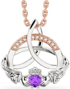 Diamond Amethyst Rose Gold Silver Claddagh Celtic Trinity Knot Necklace