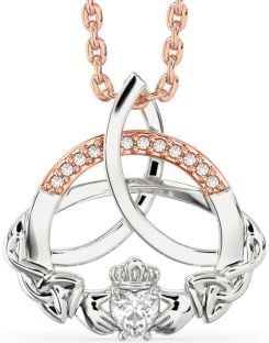 Diamond Rose Gold Silver Claddagh Celtic Trinity Knot Necklace