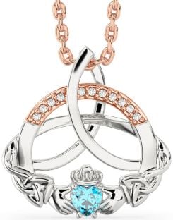 Diamond Topaz Rose Gold Silver Claddagh Celtic Trinity Knot Necklace