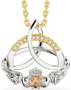 Diamond Citrine Gold Silver Claddagh Celtic Trinity Knot Necklace