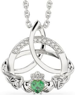 Diamond Emerald White Gold Claddagh Celtic Trinity Knot Necklace