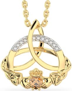 Diamond Citrine Gold Claddagh Celtic Trinity Knot Necklace