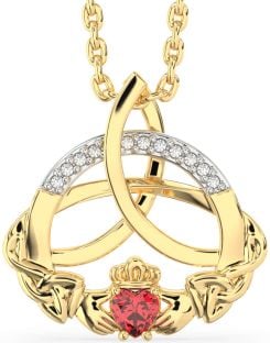 Diamond Ruby Gold Claddagh Celtic Trinity Knot Necklace