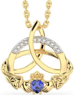 Diamond Sapphire Gold Claddagh Celtic Trinity Knot Necklace