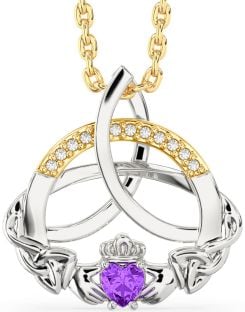 Diamond Amethyst White Yellow Gold Claddagh Celtic Trinity Knot Necklace