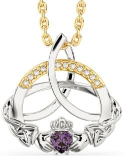 Diamond Alexandrite White Yellow Gold Claddagh Celtic Trinity Knot Necklace